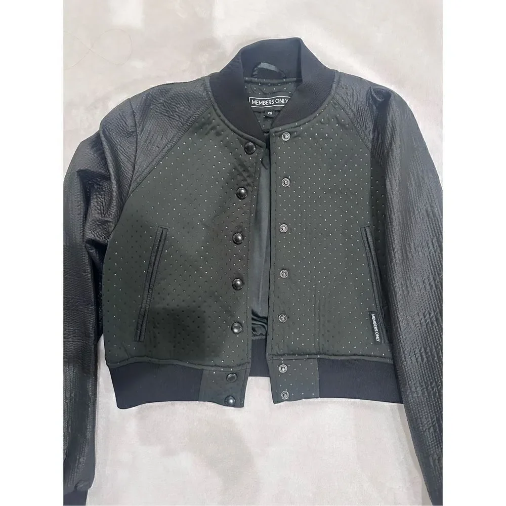 Members Only XS cropped jacket black and green varsity